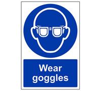 V Safety Wear Goggles Mandatory Ppe Safety Sign - Rigid Plastic 300X400mm (X3)