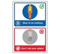 V Safety Wear Hi-Vis Clothing/Don't Risk Your Safety! 200 x 300 mm - Glow In The Dark 1mm Rigid Plastic Safety Sign