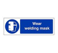 V Safety Wear Welding Mask - Landscape 300 x 100 mm - Self Adhesive Vinyl - Aluminium Effect Safety Sign
