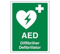 V Safety Welsh/English - AED Emergency Defibrillator 150 x 200mm - Self Adhesive Plastic Free Paper Safety Sign