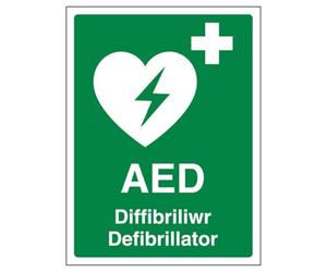 V Safety Welsh/English - AED Emergency Defibrillator 200 x 300 mm - Self Adhesive Plastic Free Paper Safety Sign