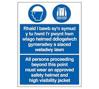 V Safety Welsh/English - All Persons Beyond This Point Must Wear A Safety Helmet And High Vis 300 x 400 mm - 2mm Super-Tough Rigid Plastic Safety Sign
