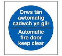 V Safety Welsh/English - Automatic Fire Door Keep Clear 80 x 80 mm - 2mm Super-Tough Rigid Plastic Safety Sign