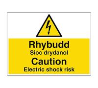 V Safety Welsh/English - Caution Electric Shock Risk - Landscape 600 x 450 mm - 2mm Rigid Plastic Safety Sign