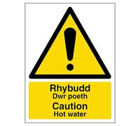 V Safety Welsh/English - Caution Hot Water 150 x 200 mm - Self Adhesive Vinyl Safety Sign