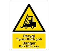 V Safety Welsh/English - Danger Fork Lift Trucks - Portrait 150 x 200mm - 2mm Rigid Plastic Safety Sign