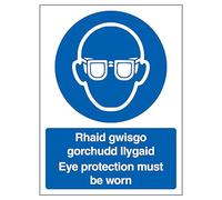 V Safety Welsh/English - Eye Protection Must Be Worn 150 x 200mm - Self Adhesive Plastic Free Paper Safety Sign