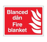 V Safety Welsh/English - Fire Blanket - Landscape 200 x 150 mm - 2mm 100% Recycled Rigid Plastic Safety Sign