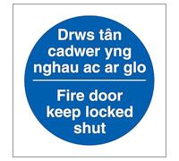 V Safety Welsh/English - Fire Door Keep Locked Shut 80 x 80 mm - Glow In The Dark Self Adhesive Vinyl Safety Sign