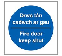 V Safety Welsh/English - Fire Door Keep Shut 100 x 100 mm - Self Adhesive Plastic Free Paper Safety Sign