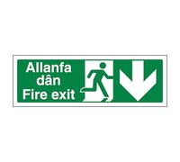 V Safety Welsh/English - Fire Exit Arrow Down 300 x 100 mm - Self Adhesive Vinyl Safety Sign