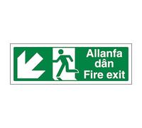 V Safety Welsh/English - Fire Exit Arrow Down Left 300 x 100 mm - 2mm 100% Recycled Rigid Plastic Safety Sign