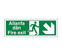 V Safety Welsh/English - Fire Exit Arrow Down Right 300 x 100 mm - 1mm 100% Recycled Rigid Plastic Safety Sign