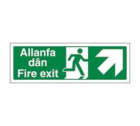 V Safety Welsh/English - Fire Exit Arrow Up Right 450 x 150 mm - Glow In The Dark 1mm Rigid Plastic Safety Sign
