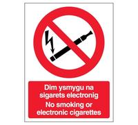 V Safety Welsh/English - No Smoking Or Electronic Cigarettes 150 x 200mm - 1mm Rigid Plastic Safety Sign