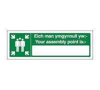 V Safety Welsh/English - Your Assembly Point Is With Blank - Landscape 450 x 150 mm - 2mm Rigid Plastic Safety Sign
