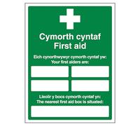 V Safety Welsh/English - Your First Aiders Are - Your Nearest First Aid Box 300 x 400 mm - Reinforced Super-Tough Flexi-Plastic Safety Sign