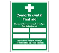 V Safety Welsh/English - Your First Aiders Are - Your Nearest First Aid Box 300 x 400mm - Self Adhesive Plastic Free Paper Safety Sign