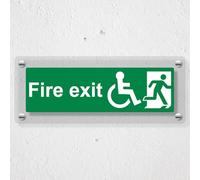 V Safety Wheel Chair Final Fire Exit With Text Man Right - 450 x 150 mm - Acrylic Perspex Cast Clear Safety Sign