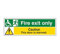 V Safety Wheel Chair Fire Exit Only/Door Alarmed 300 x 100 mm - Self Adhesive Vinyl - Aluminium Effect Safety Sign