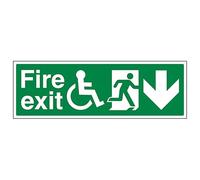 V Safety Wheel Chair Fire Exit with Text Arrow Down 300 x 100 mm - 2mm Rigid Plastic Safety Sign