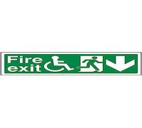 V Safety Wheel Chair Fire Exit With Text Arrow Down Sign - 300mm x 100mm - 1mm Rigid Plastic