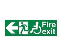 V Safety Wheel Chair Fire Exit with Text Arrow Left 600 x 200 mm - 2mm Super-Tough Rigid Plastic Safety Sign