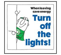 V Safety When Leaving Save Energy Turn Off The Lights! Man Left 100 x 100 mm - Glow In The Dark Self Adhesive Vinyl Safety Sign