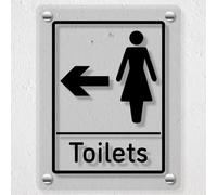 V Safety Women's Toilets - Arrow Left Acrylic Sign 150x200mm - Durable, Shatterproof Directional Signage