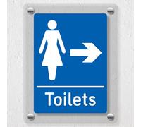 V Safety Womens Toilets Arrow Right Blue - 150 x 200 mm - Acrylic Perspex Cast Clear Safety Sign