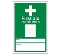 V Safety Your First Aider Is: 200 x 300 mm - Glow In The Dark Self Adhesive Vinyl Safety Sign