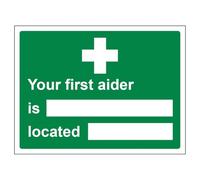 V Safety Your First Aider Is Located 300 x 200 mm - 3mm Aluminium Composite Safety Sign