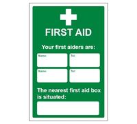 V Safety Your First Aiders Are - Your Nearest First Aid Box 200 x 300 mm - 3mm Brushed Aluminium Composite Safety Sign