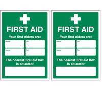 V Safety Your First Aiders Are - Your Nearest First Aid Box 210 x 297 mm (A4) - Self Adhesive Vinyl Safety Sign (Pack of 2)