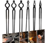 V-SEK Blacksmith Tongs Knife Making Tongs Set 3/8" 1/2" 5/8" V-Bit Bolt Tongs, 1/4 Flat Jaw Tongs, Pick Up Tongs, Scroll Tongs, Assembled Blacksmithing Bladesmith Steel Forge Tongs (6PCS)