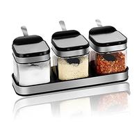 V-Shine Condiment Jar Spice Container with 304 Stainless Steel Lids & Spoons,Clear Glass Condiment Canisters Pots Seasoning Box Salt Container Sugar Bowl Set of 3