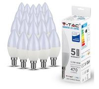 V-TAC E14 LED Candle Bulbs | 5.5W (Equivalent to 40W) Candle Light Bulbs | Edison Small Screw Light Bulb | Samsung Chip Non Dimmable E14 Candle Bulb | 3000K Warm White | Pack of 20