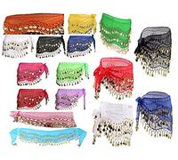 V-VAPE 3 Rows Belly Dance Costume Belt Skirt Hip wrap Outfit Gold Coin Bead Scarf (Parrot Green)