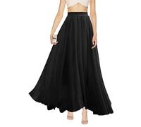 v28 Women Full/Ankle Length Elastic Pleated Retro Maxi Chiffon Long Skirt - Black - Medium