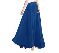 v28 Women Full/Ankle Length Elastic Pleated Retro Maxi Chiffon Long Skirt, Dark Blue, 4XL