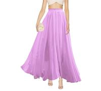 v28 Women Full/Ankle Length Elastic Pleated Retro Maxi Chiffon Long Skirt, Lavender, 4XL
