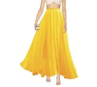 v28 Women Full/Ankle Length Elastic Pleated Retro Maxi Chiffon Long Skirt, Light Yellow, XX-Large