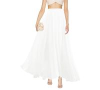 v28 Women Full/Ankle Length Elastic Pleated Retro Maxi Chiffon Long Skirt, White, 3XL