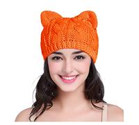 v28 Women Men Girls Boys Teens Cute Cat Ear Knit Cable Rib Hat Cap Beanie, Cat Ear Orange, M