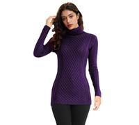 v28 Women's Cotton Turtle Cowl Neck Aran Fishermen Fair Isle Cable Knit Sweater, A Purple, XL