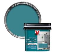 V33 Renovation Wall Tile & Panelling Paint - No Undercoat Needed - for High Moisture Surfaces - Resistant to Temperature Variations - Lagoon Blue Satin 750ml