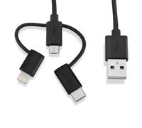 V7 LTCMUSB1M-BLK-1N 3-in-1 (Lightning/Micro/USB-C) USB Charging Cable, Sync/Charge Apple and Android, 3', Black