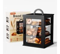 VA1KENE Black 3-Tier Bread Bin for Kitchen Worktop - Large Capacity Bamboo Bread Storage with Acrylic Viewing Panel, Adjustable Shelves & Carry Handle