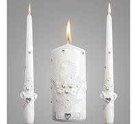 VABA Unity Candles for Wedding Ceremony Set - 3 Piece - White Pearls & Crystals - 6" Pillar & 2 x 10 Tapers - Eco-Friendly