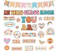 VABAMNA Boho Bulletin Board Decorations Retro Classroom Decor, 30Pcs Inspirational Affirmation Decor Daisy Floral Rainbow Bulletin Board Signs for Teacher School Supplies Groovy Classroom Decor